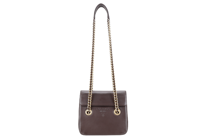 PRADA DARK BROWN NAPPA LEATHER SHOULDER CHAIN BAG GOLD HARDWARE NO CARD NO DUST COVER