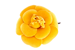 CHANEL YELLOW VELVET CAMELIA BROOCH WITH BOX