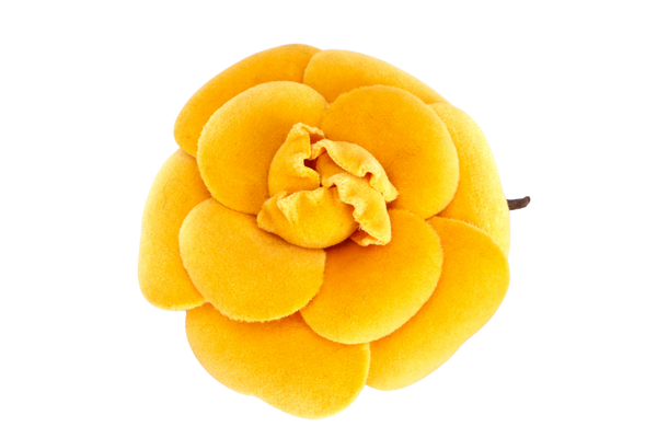 CHANEL YELLOW VELVET CAMELIA BROOCH WITH BOX