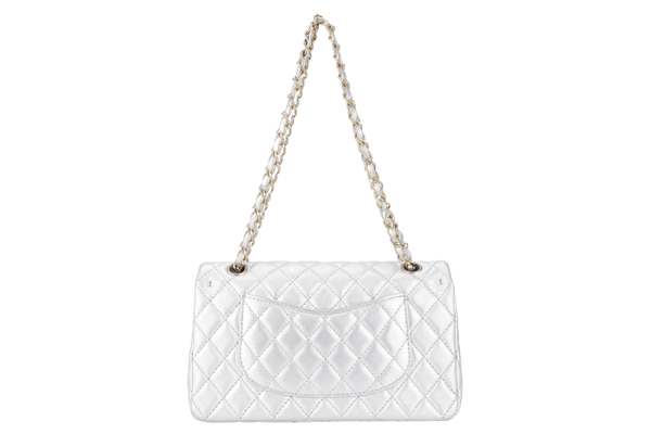 CHANEL CLASSIC FLAP METALLIC SILVER LAMBSKIN (1264xxxx) MEDIUM SIZE WITH DUST COVER AND CARD