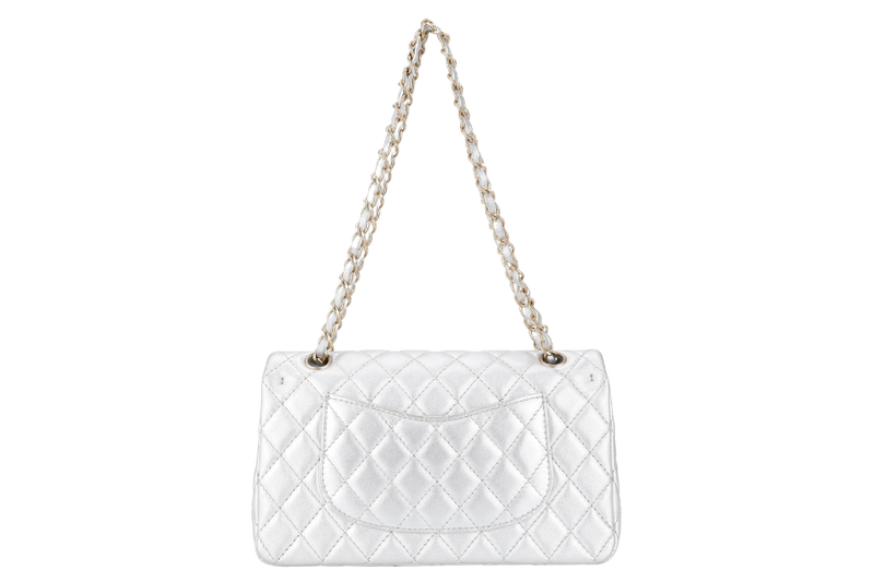 CHANEL CLASSIC FLAP METALLIC SILVER LAMBSKIN (1264xxxx) MEDIUM SIZE WITH DUST COVER AND CARD