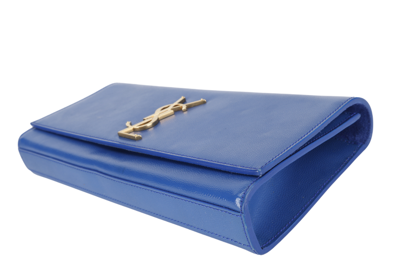 YVES SAINT LAURENT (YSL) RECTANGLE CLUTCH BLUE LEATHER GOLD HARDWARE WITH DUST COVER