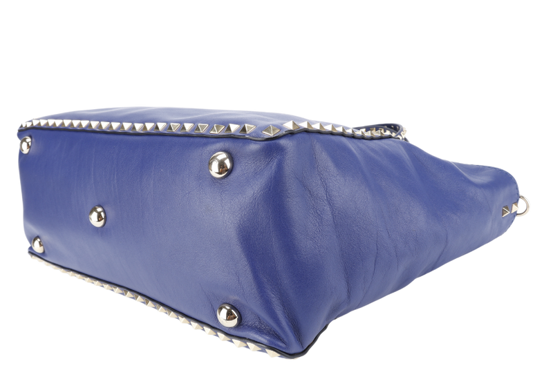 VALENTINO VITELLO SMALL ROCKSTUD BLUE LEATHER TOTE BAG WITH GOLD HARDWARE WITH STRAPS AND DUST COVER