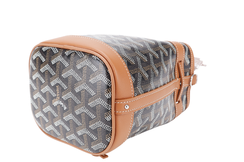 GOYARD PETIT FLOT MINI BUCKET BLACK AND TAN SILVER HARDWARE WITH STRAPS AND DUST COVER