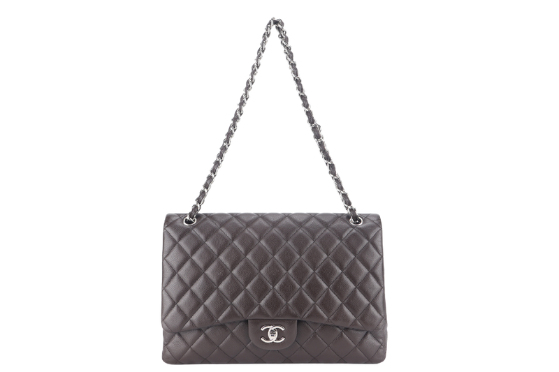 CHANEL CLASSIC FLAP MAXI SINGLE FLAP BROWN CAVIAR SILVER HARDWARE (1401xxxx) WITH CARD, DUST COVER AND BOX