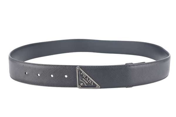 PRADA LOGO BELT BLACK SAFFIANO LEATHER RUTHENIUM HARDWARE WITH DUST COVER AND BOX