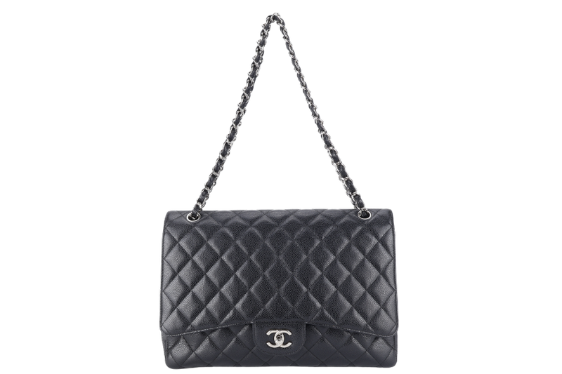 CHANEL SINGLE FLAP MAXI BLACK CAVIAR LEATHER SILVER HARDWARE 1328xxxx WITH CARD AND DUST COVER