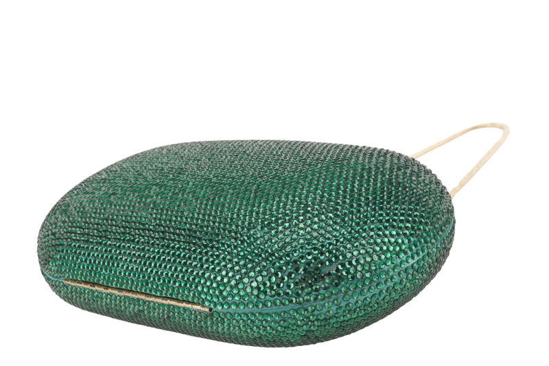THE CHIC INITIATIVE GREEN CRYSTAL CLUTCH SILVER HARDWARE WITH DUST COVER AND BOX
