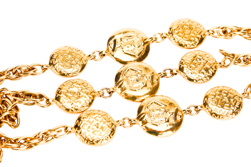 CHANEL VINTAGE GOLD PLATED NECKLACE 88CM NINE GOLD PLATED PENDANTS WITH FONTS ENGRAVES, NO BOX