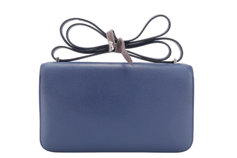 HERMES CONSTANCE ELAN STAMP T (YEAR 2015) BLUE SAPPHIRE SWIFT LEATHER SILVER HARDWARE WITH DUST COVER