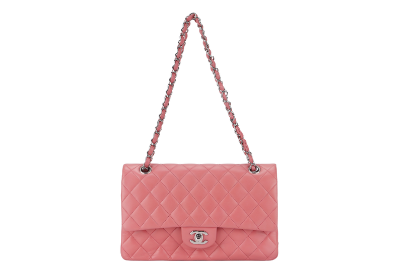 CHANEL FLAP MEDIUM (1632xxxx) PINK LAMBSKIN LEATHER SILVER HARDWARE WITH CARD, DUST COVER AND BOX