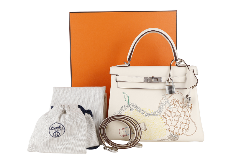 HERMES KELLY 25 IN AND OUT NATA COLOR SWIFT LEATHER SILVER HARDWARE STAMP Z (YEAR 2021) WITH STRAPS, KEYS, LOCK, DUST COVER AND BOX