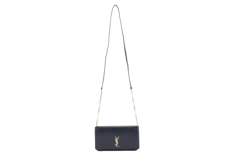 YVES SAINT LAURENT (YSL) CASSANDRA PHONE HOLDER (TGN33509.0322) BLACK LEATHER GOLD HARDWARE WITH DUST COVER AND BOX