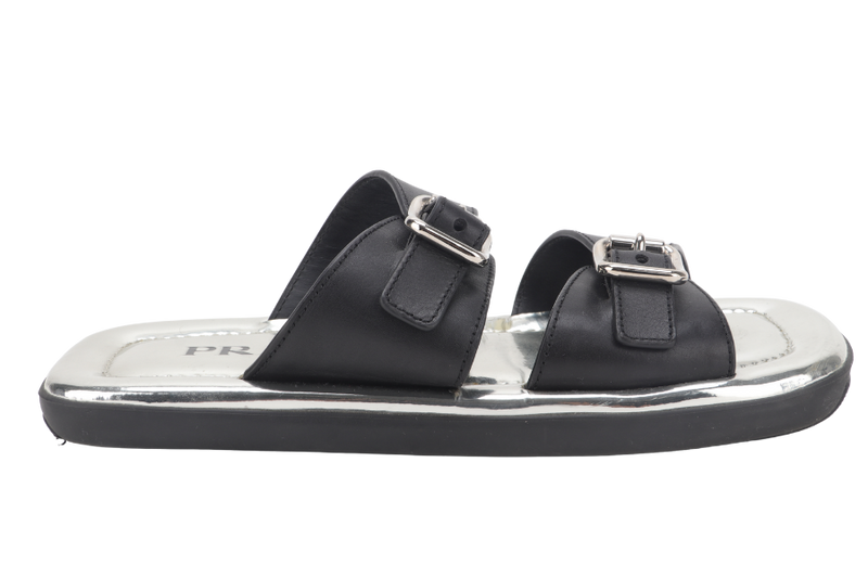 PRADA BLACK LEATHER BUCKLES SILVER PATENT LEATHER MULES SANDALS EU SIZE 37 WITH DUST COVER