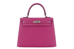 HERMES KELLY 25 SELLIER ROSE POUPRE EPSOM SILVER HARDWARE STAMP A (2017) WITH DUST COVER, LOCK & KEYS, STRAPS AND RAINCOAT