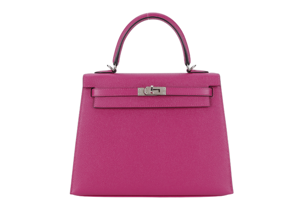 HERMES KELLY 25 SELLIER ROSE POUPRE EPSOM SILVER HARDWARE STAMP A (2017) WITH DUST COVER, LOCK & KEYS, STRAPS AND RAINCOAT