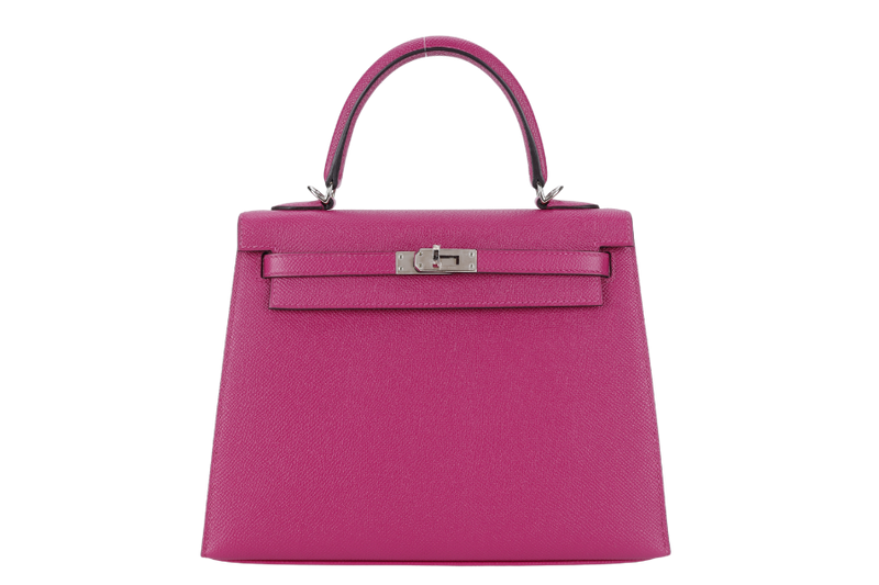 HERMES KELLY 25 SELLIER ROSE POUPRE EPSOM SILVER HARDWARE STAMP A (2017) WITH DUST COVER, LOCK & KEYS, STRAPS AND RAINCOAT