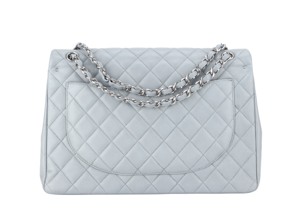 CHANEL CLASSIC FLAP MAXI GREY CAVIAR LEATHER WITH SILVER CHAIN (1739xxxx) WITH CARD , DUST COVER AND BOX