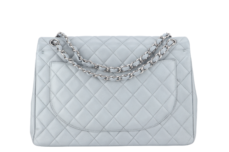 CHANEL CLASSIC FLAP MAXI GREY CAVIAR LEATHER WITH SILVER CHAIN (1739xxxx) WITH CARD , DUST COVER AND BOX