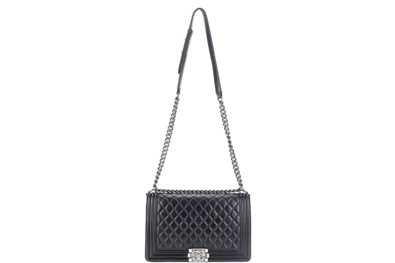 CHANEL LEBOY NEW MEDIUM BLACK LAMBSKIN LEATHER SILVER HARDWARE (2310xxxx) WITH DUST COVER AND BOX