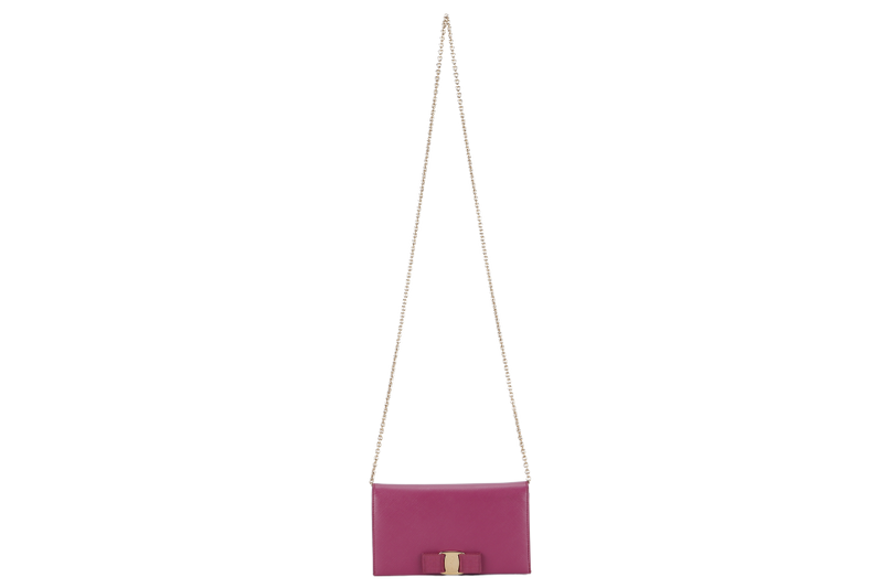 SALVATORE FERRAGAMO MISS VARA BOW CROSSBODY WALLET ON CHAIN (KM22B850) DARK PINK LEATHER GOLD HARDWARE WITH BOX