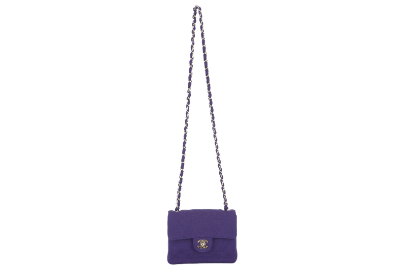 CHANEL CLASSIC FLAP MINI SQUARE (648xxxx) PURPLE JERSEY GOLD HARDWARE WITH DUST COVER AND CARD