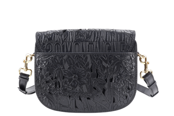 CHRISTIAN DIOR BOBBY FLORAL MOTIF (05-RU-0211) MEDIUM BLACK LEATHER GOLD HARDWARE WITH STRAPS, CARD AND BOX
