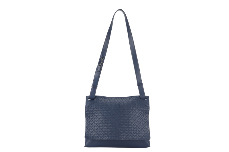 BOTTEGA VENETA INTRECCIATO NAPPA SHOULDER BAG (B070699484) LARGE BLUE LEATHER BLACK HARDWARE WITH DUST COVER