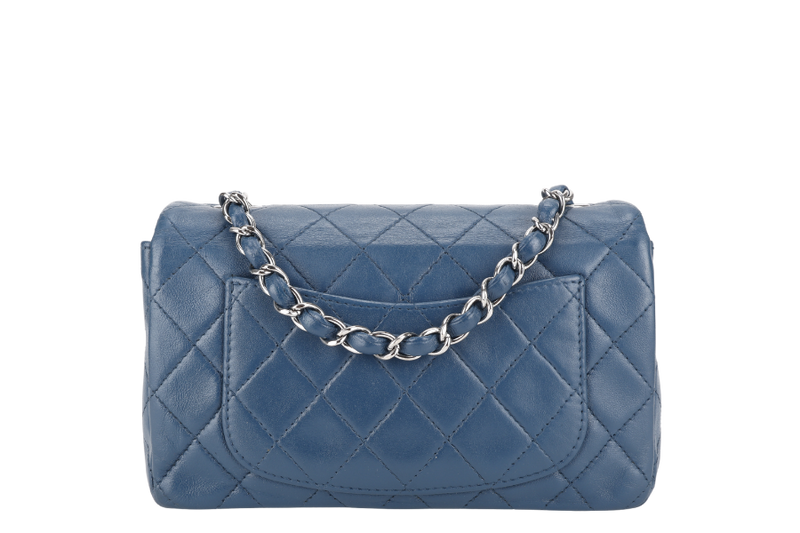 CHANEL BLUE LAMBSKIN MINI RECTANGLE CLASSIC FLAP (1762xxxx) SILVER HARDWARE WITH DUST COVER
