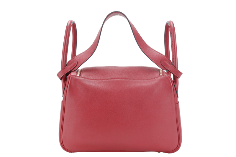 HERMES LINDY 26 ROUGE GRENAT SWIFT LEATHER GOLD HARDWARE STAMP X (YEAR 2016) WITH DUST COVER, INNER COMPARTMENT AND RAINCOAT