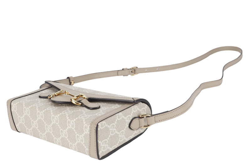 GUCCI MINI HORSEBIT 1955 (699296) BEIGE WHITE GG SUPREME CANVAS GOLD HARDWARE (PIG SKIN) WITH DUST COVER AND BOX