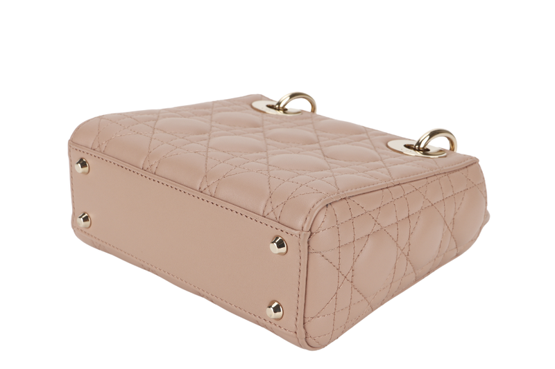 CHRISTIAN DIOR LADY DIOR MINI (01RU1211) LIGHT PINK LAMBSKIN GOLD HARDWARE WITH STRAP, DUST COVER AND BOX