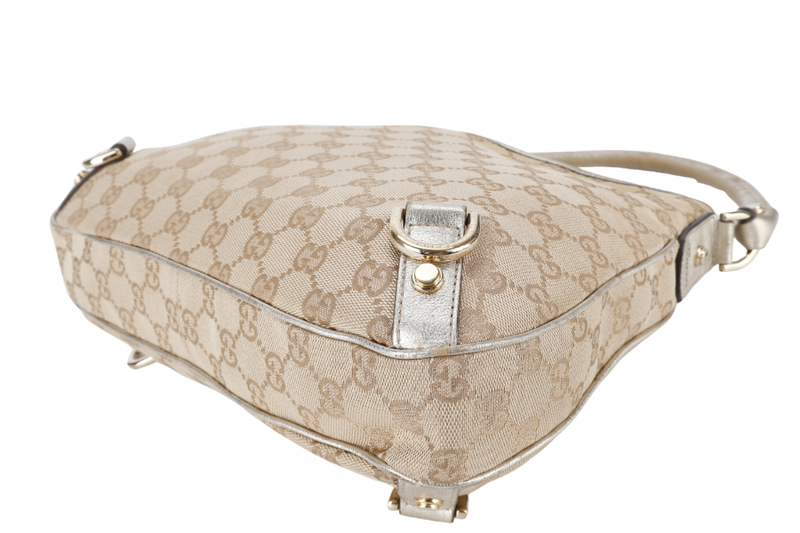 GUCCI GG ABBEY CANVAS METALLIC GOLD TRIM HOBO BAG WITH DUST COVER