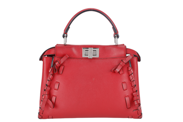 FENDI PEEKABOO MINI RED WHIPSTITCH CALF LEATHER SILVER HARDWARE WITH STRAPS AND DUST COVER