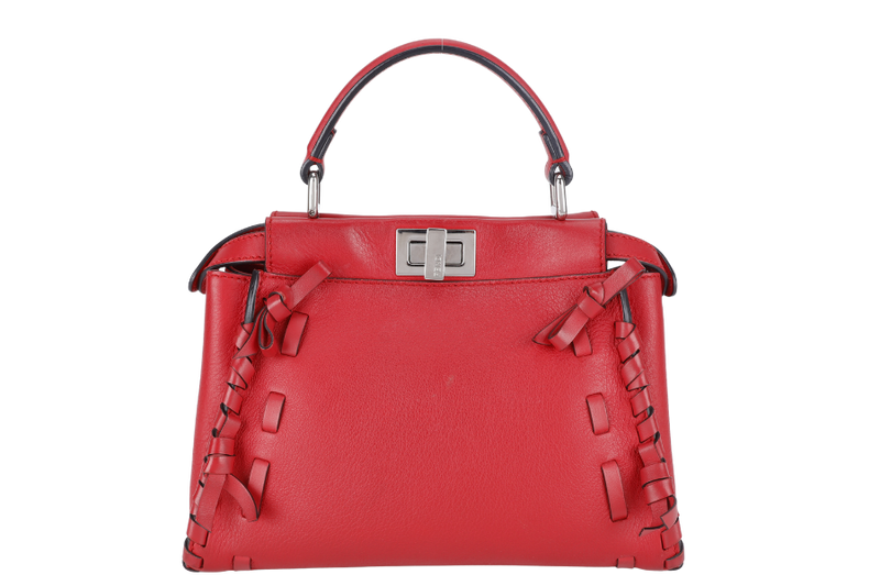 FENDI PEEKABOO MINI RED WHIPSTITCH CALF LEATHER SILVER HARDWARE WITH STRAPS AND DUST COVER