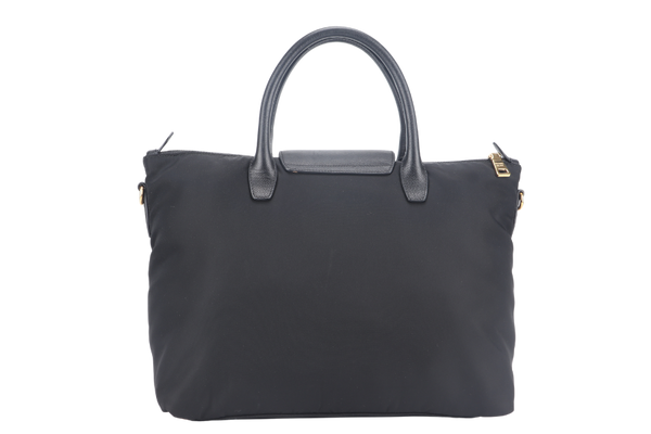 PRADA CONVERTIBLE FLAP TOTE BAG BLACK NYLON GOLD HARDWARE WITH SLING AND DUST COVER