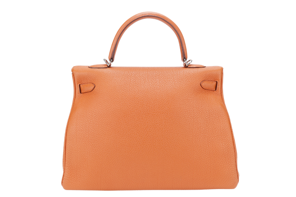 HERMES KELLY 35 ORANGE COLOR TOGO LEATHER SILVER HARDWARE STAMP P SQUARE (YEAR 2012) WITH STRAPS, DUST COVER, LOCK&KEYS AND RAINCOAT
