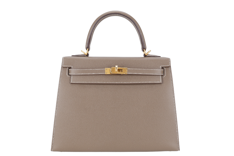 HERMES KELLY 25 SELLIER ETOUPE-BLUE ELECTRIQUE EPSOM, BRUSHED GOLD HARDWARE STAMP C (2018) WITH DUST COVER, LOCK, KEYS AND RAINCOAT