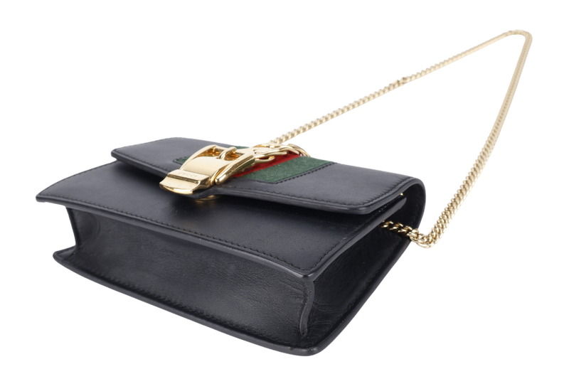 GUCCI SYLVIE WALLET ON CHAIN BLACK SUPER MINI GOLD HARDWARE NO DUST COVER