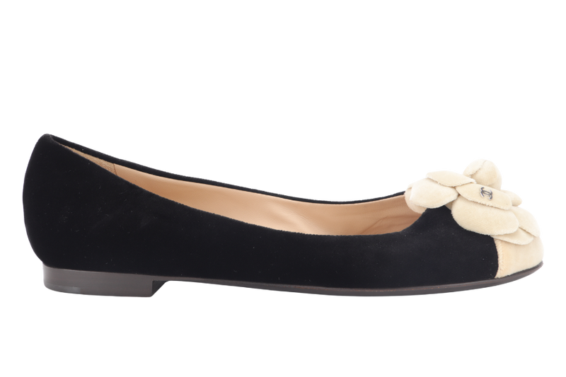 CHANEL BALLERINA FLATS BLACK VELVET SIZE 37C WITH DUST COVER