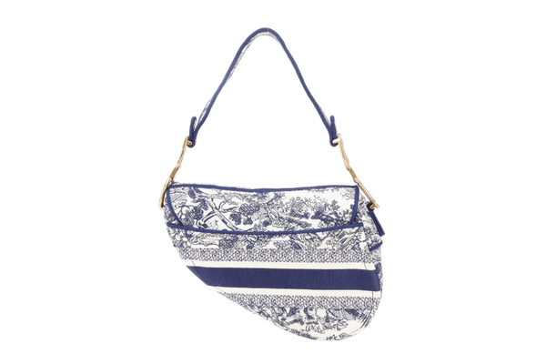 CHRISTIAN DIOR SADDLE TOILE DE JOUY WHITE BLUE CANVAS GOLD HARDWARE WITH DUST COVER AND BOX