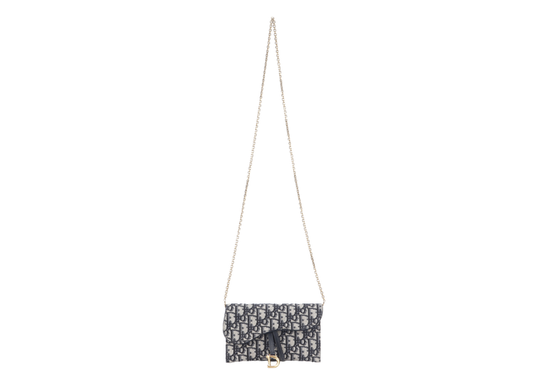 CHRISTIAN DIOR LONG SADDLE WALLET WITH CHAIN BLUE OBLIQUE LEATHER TRIMS GOLD HARDWARE WITH DUST COVER, STRAPS AND BOX