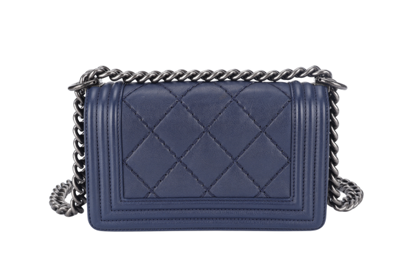 CHANEL DOUBLE STITCH BOY SMALL NAVY BLUE CALFSKIN RUTHENIUM HARDWARE (1877xxxx) (YEAR 2013-2014) WITH CARD AND DUST COVER