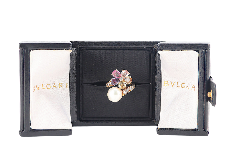 BVLGARI FLORA PEARL RING, YELLOW GOLD SAPPHIRES WITH CERT AND BOX