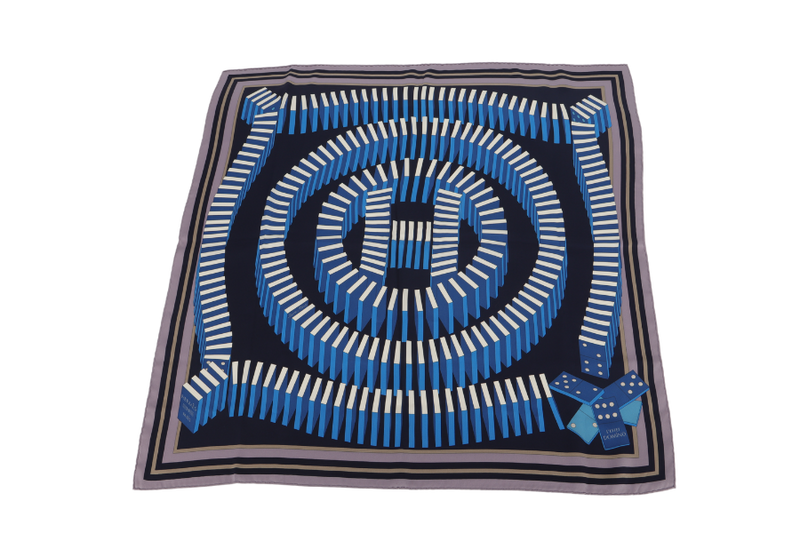 HERMES SILK SCARF 40X40CM BLUE L'EFFET DOMINO PRINTS WITH BOX