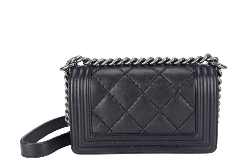 CHANEL LEBOY MINI BLACK CALF LEATHER RUTHENIUM CHAIN (1875xxxx) WITH DUST COVER AND CARD