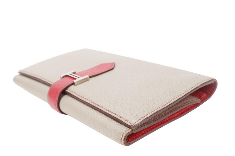 HERMES BEARN WALLET KHAKI BICOLOR CHEVRE MYSORE SILVER HARDWARE STAMP N SQUARE (YEAR 2010) NO DUST COVER