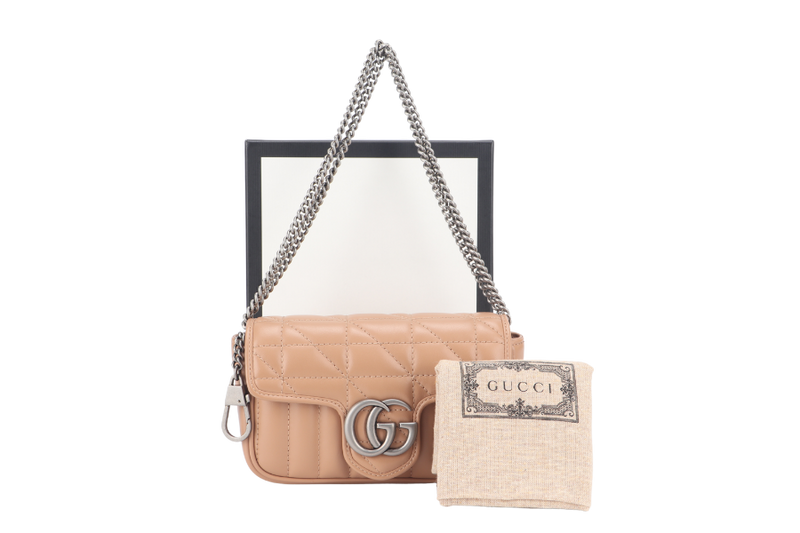 GUCCI GG MARMONT SUPER MINI BEIGE MATELASSE CHEVRON LEATHER RUTHENIUM HARDWARE WITH DUST COVER AND BOX