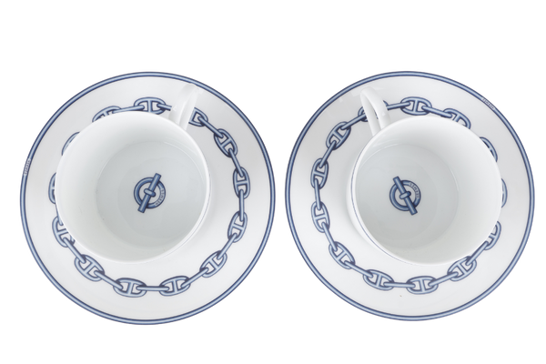 HERMES CHAINE D'ANCRE PORCELAIN TEA CUP AND SAUCER SET OF 2 WITH BOX