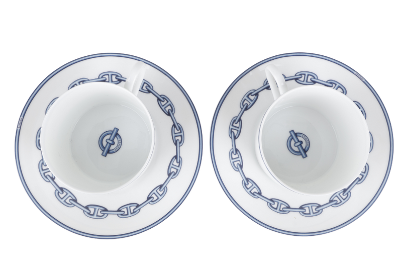 HERMES CHAINE D'ANCRE PORCELAIN TEA CUP AND SAUCER SET OF 2 WITH BOX